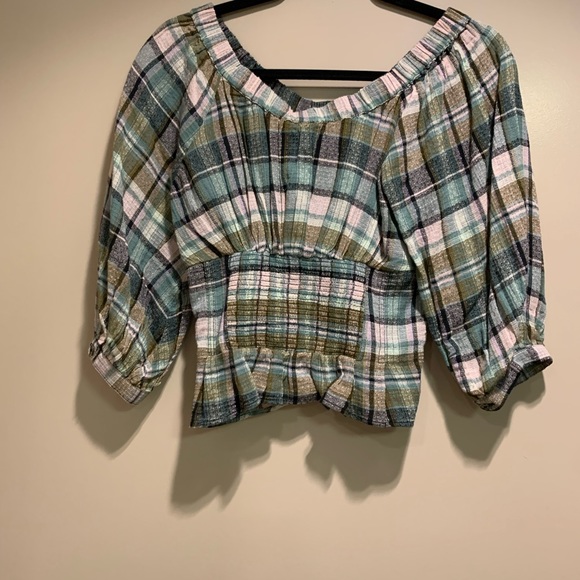 Free People Teagan Blouse with volume sleeves in plaid blue - Picture 3 of 4
